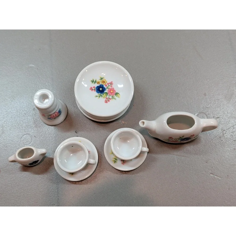 Vintage Miniature Porcelain Tea Set 13pc Floral Strombecker Keywick Dollhouse
